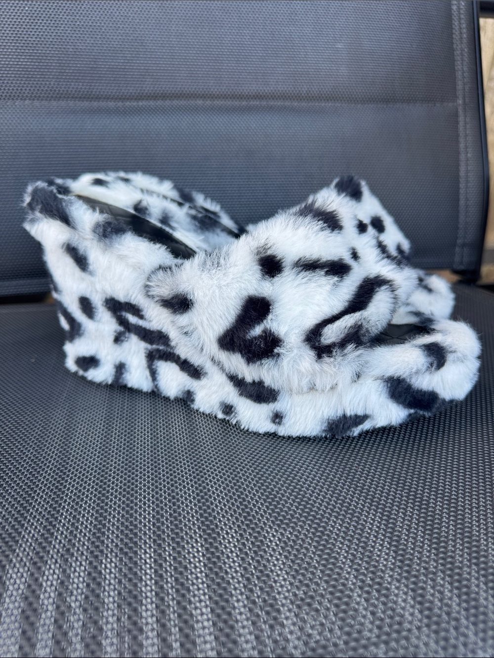 Faux Fur Slide Sandals in White & Black Leopard Print 8